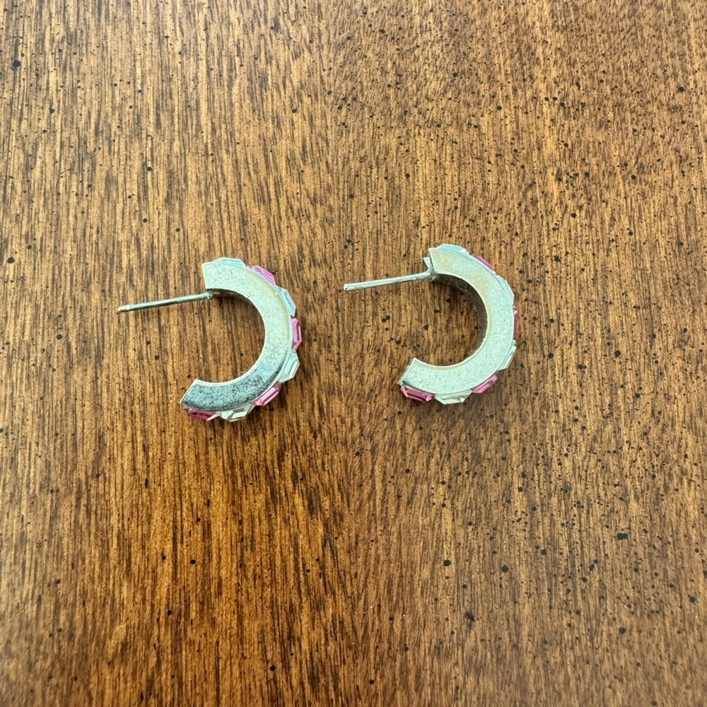 Pink and silver half hoop earrings